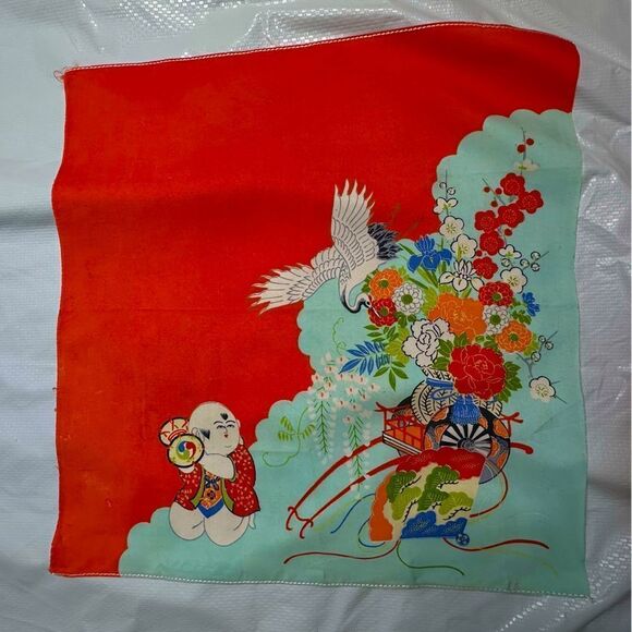 Vintage Japanese Silk Square handkerchief of Gosho doll flower cart and crane - Picture 2 of 9
